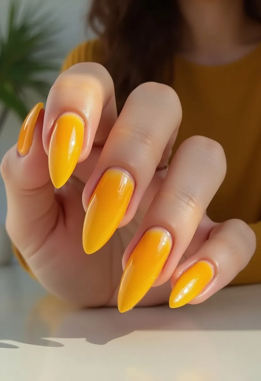 The nail design features a vibrant color palette of a bold, glossy yellow hue. The nails are almond-shaped, providing a lengthened and elegant look. The smooth, shiny finish suggests a gel nail treatment, which enhances the vibrant color and adds durability. The design is clean and uniform without any additional intricate patterns or decorations, giving it a sleek and modern appearance. This bright, cheerful color and shape make the nails suitable for a spring or summer seasonal theme or for a fun and lively special occasion.