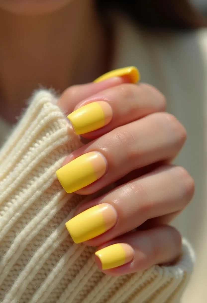 The nail design showcases a vibrant yellow color palette, with the nails shaped into a trendy square form. The treatment appears to be a smooth gel application, providing a glossy and durable finish. Each nail is decorated with a clear half-moon at the base, adding an intricate and elegant detail. This design conveys a cheerful and summery vibe, making it perfect for the season or for special events where a bright and playful look is desired.