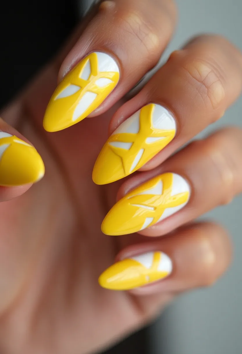 The nail design consists of a vibrant yellow and white color palette, giving a fresh and lively appearance. The nails are shaped into elongated ovals, contributing to the sophisticated look. The design features an intricate pattern where the yellow color is fashioned into geometric shapes over a white background, creating a dynamic and striking visual effect. It appears that the nails are treated with a gel polish, ensuring a glossy finish and lasting durability. The overlapping patterns evoke a sense of modern art, making this design suitable for a summer theme or a festive occasion, adding a pop of bright, sunny color to the overall style.