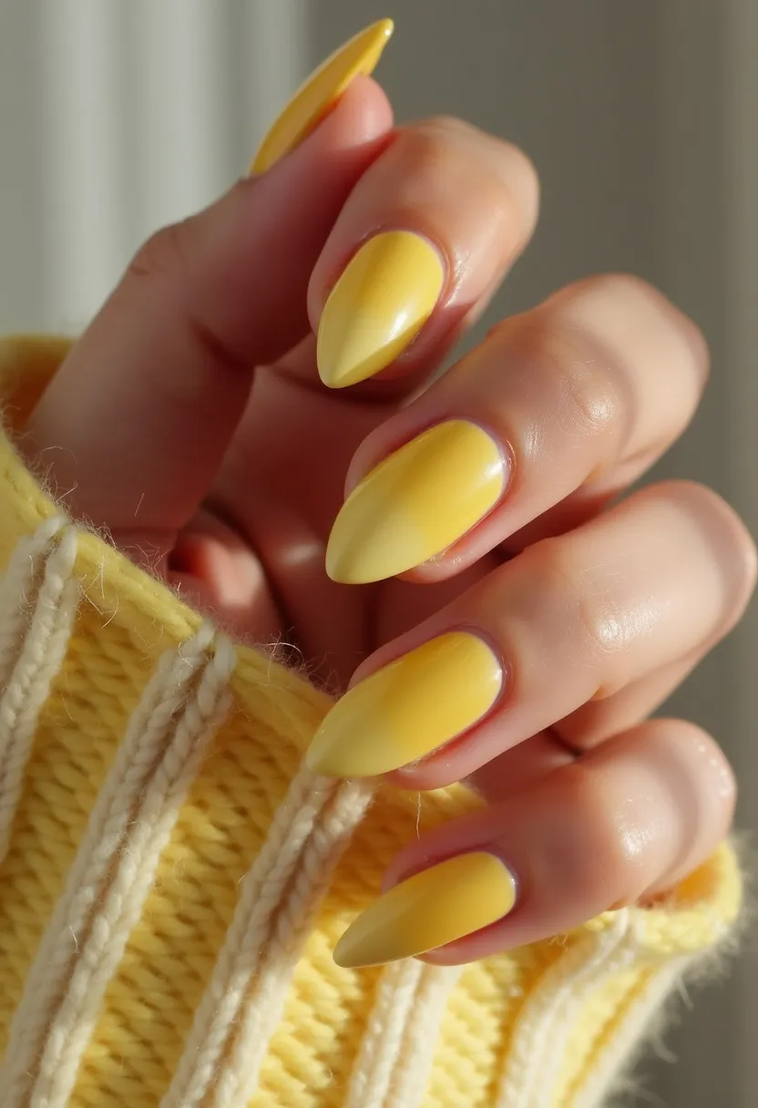 The nail design showcases almond-shaped nails that are painted in a vibrant, glossy yellow color. The high-shine finish suggests a gel or shellac treatment, which provides durability and a smooth, lustrous appearance. The nails lack intricate patterns or additional decorations, relying entirely on the solid color for impact. The cheerful yellow hue, combined with the sleek and sophisticated shape, makes the design suitable for spring or summer seasons, embodying a bright and sunny aesthetic that could complement these warmer and more joyful periods. There are no additional seasonal themes or indications of special occasions, emphasizing simplicity and elegance.