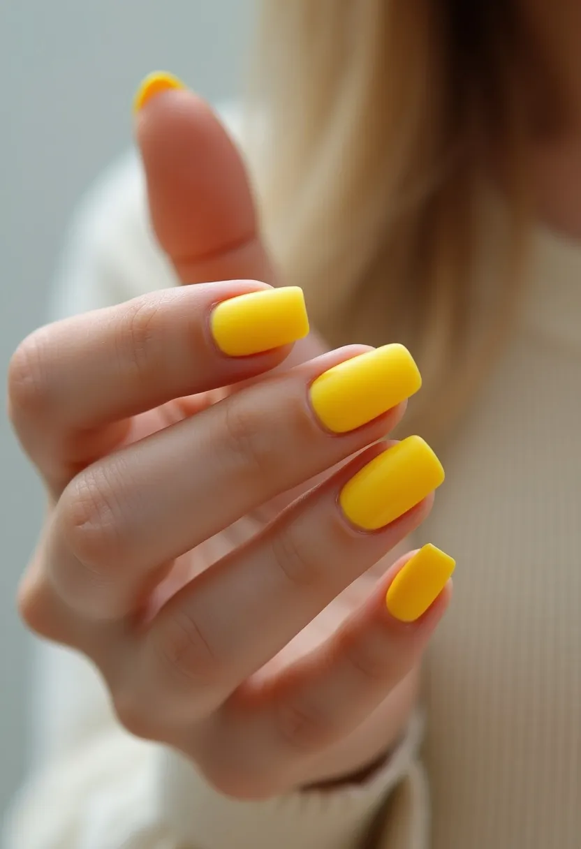 The nail design showcases a vibrant, solid yellow color palette, exuding a cheerful and energetic vibe. The nails are shaped in a neatly filed, medium-length square form, which complements the bold color. The yellow hue is uniformly applied, indicating a smooth and flawless finish without any visible brush strokes, which is typically characteristic of gel polish. There are no additional intricate patterns or decorations, allowing the striking yellow to stand out on its own. This nail design is perfect for brightening up the look for the summer season or for adding a pop of color to any casual outfit.