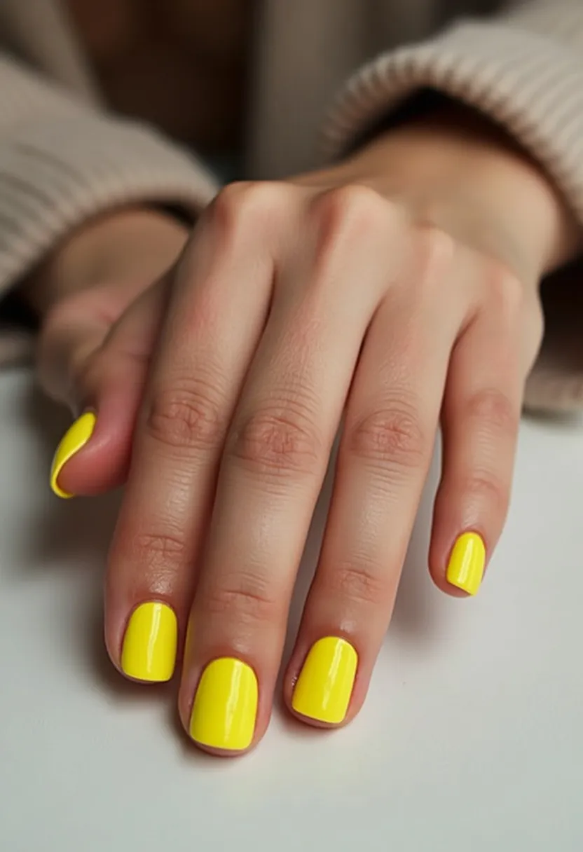 The nail design features a vibrant, solid yellow color palette, indicative of a cheerful and bold aesthetic. The nails are kept relatively short and rounded in shape, providing a neat and natural appearance. The application appears smooth and even, suggesting a gel treatment due to its shiny and flawless finish. This bright yellow color is ideal for spring or summer seasons, evoking a sense of warmth and sunshine, and would be perfect for a casual, fun look or special occasions like festivals or beach outings. The simplicity and uniformity of the design highlight the boldness of the color itself, without the need for additional patterns or decorations.