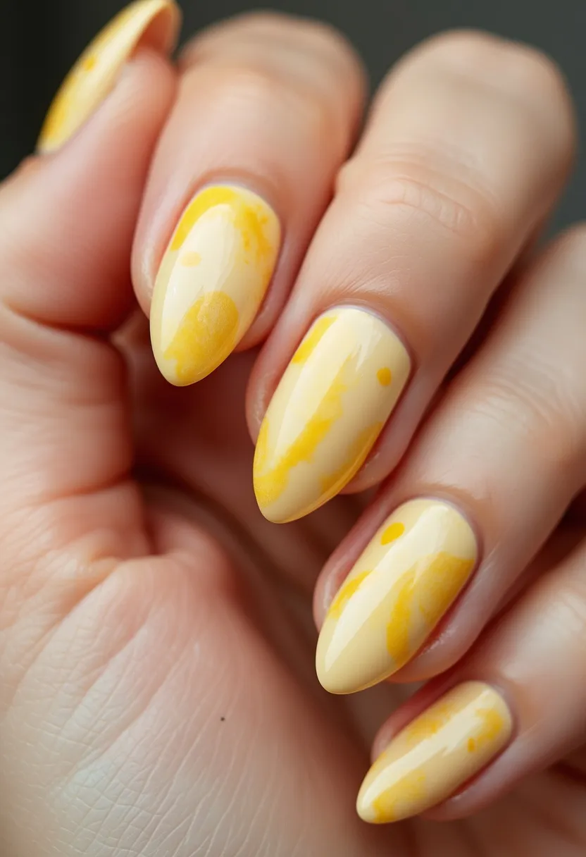 The nail design showcases almond-shaped nails adorned with a marbled effect in vibrant yellow hues. The color palette primarily incorporates shades of yellow, creating a lively and sunny appearance that seems fitting for the spring or summer season. The technique used appears to be a gel nail treatment, ensuring a glossy and durable finish. The intricate patterns involve a seamless blend of varied yellow tones, with lighter and darker patches creating a dynamic, fluid look. This cheerful and bright design captures a mood of warmth and joy, and could be perfect for uplifting one's style for a festive occasion or simply to celebrate sunny weather.