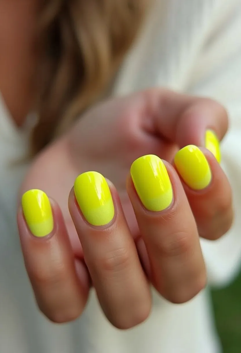 This nail design features a vibrant and eye-catching yellow palette, with a smooth, glossy finish indicative of either gel or shellac treatment. The nails are medium-length and rounded, providing a neat and contemporary appearance. The color is consistent across all nails without intricate patterns or additional decorations, emphasizing color simplicity and uniformity. The bright yellow hue has a summery feel, making it ideal for warm weather or cheerful events. The high-shine surface implies a professional application, ensuring durability and an impeccable finish.