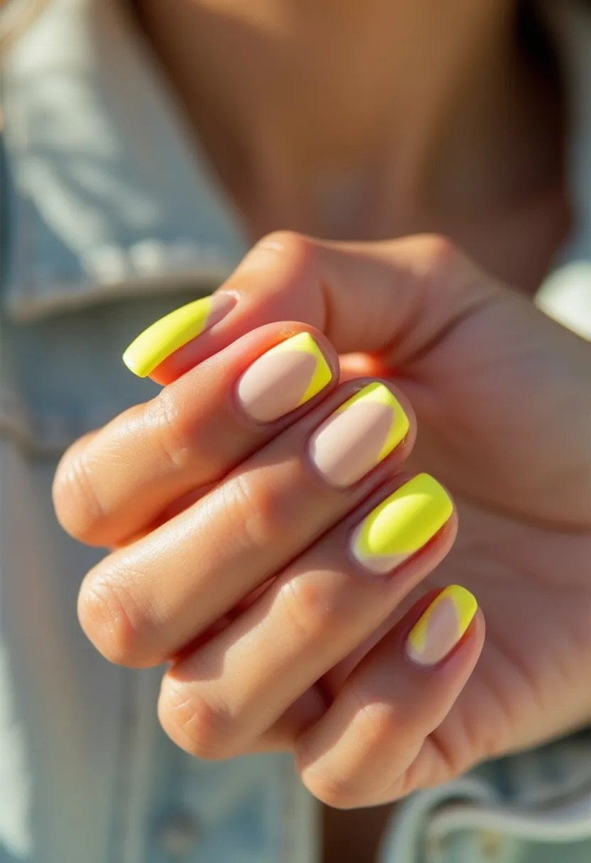 The nail design features a vibrant yellow and pale peach color palette, perfect for a fresh, summery look. The nails are shaped in a neatly rounded oval, offering a soft yet sophisticated appearance. A unique accent is the presence of a diagonal yellow tip on two of the nails, while the others sport full yellow coverage, creating a cheerful contrast against the neutral base. The design likely involves a gel treatment, given the glossy and smooth finish, which provides durability and a sleek look. The pattern is simple yet eye-catching, making it ideal for celebrating the warmth and brightness of the summer season.