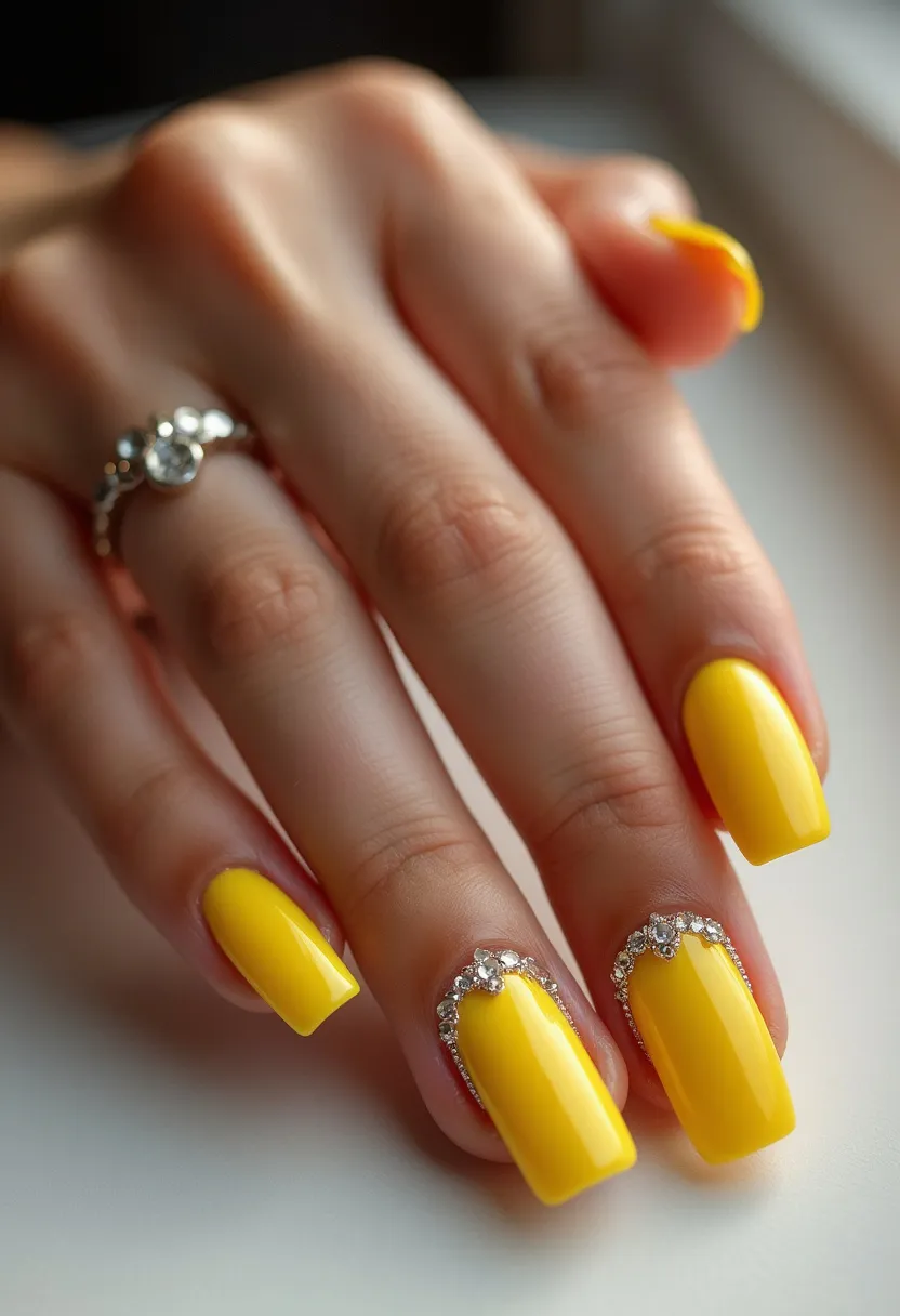 The nail design features a vibrant yellow color palette that exudes a cheerful and summery vibe. The nails are shaped in a medium-to-long length square tip, providing a modern and chic appearance. The design includes intricate embellishments near the cuticle area, featuring small sparkling rhinestones that create a glamorous and eye-catching detail. These decorations form a refined and elegant accent on each nail. The nails appear to have been treated with a gel polish, which adds to the high-gloss finish and durability of the design. The bright yellow hue and sparkling accents suggest a look that is ideal for warm seasons or celebratory occasions, making the overall design both stylish and festive.