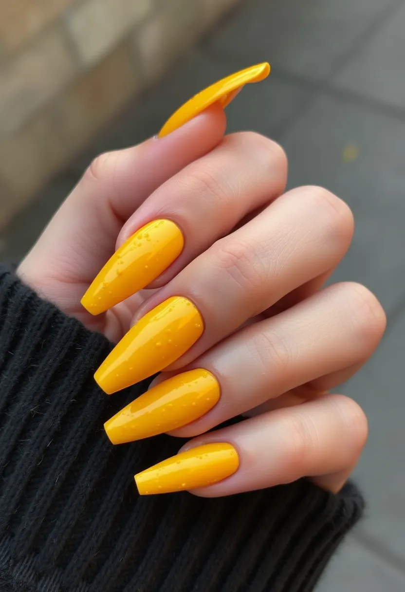 The nail design features a bold and vibrant color palette primarily dominated by a bright yellow shade. The nails are long and shaped in a coffin style, characterized by their squared-off tips and tapering sides. Each nail has a smooth, glossy finish, indicating that a gel or shellac treatment was likely used to achieve this high-shine appearance. The nails are adorned with subtle, intricate raindrop-like patterns that add unique texture and dimension to the design without being overly flashy. This fun and lively design would be fitting for summer or spring, bringing a cheerful and energetic vibe to the overall look.