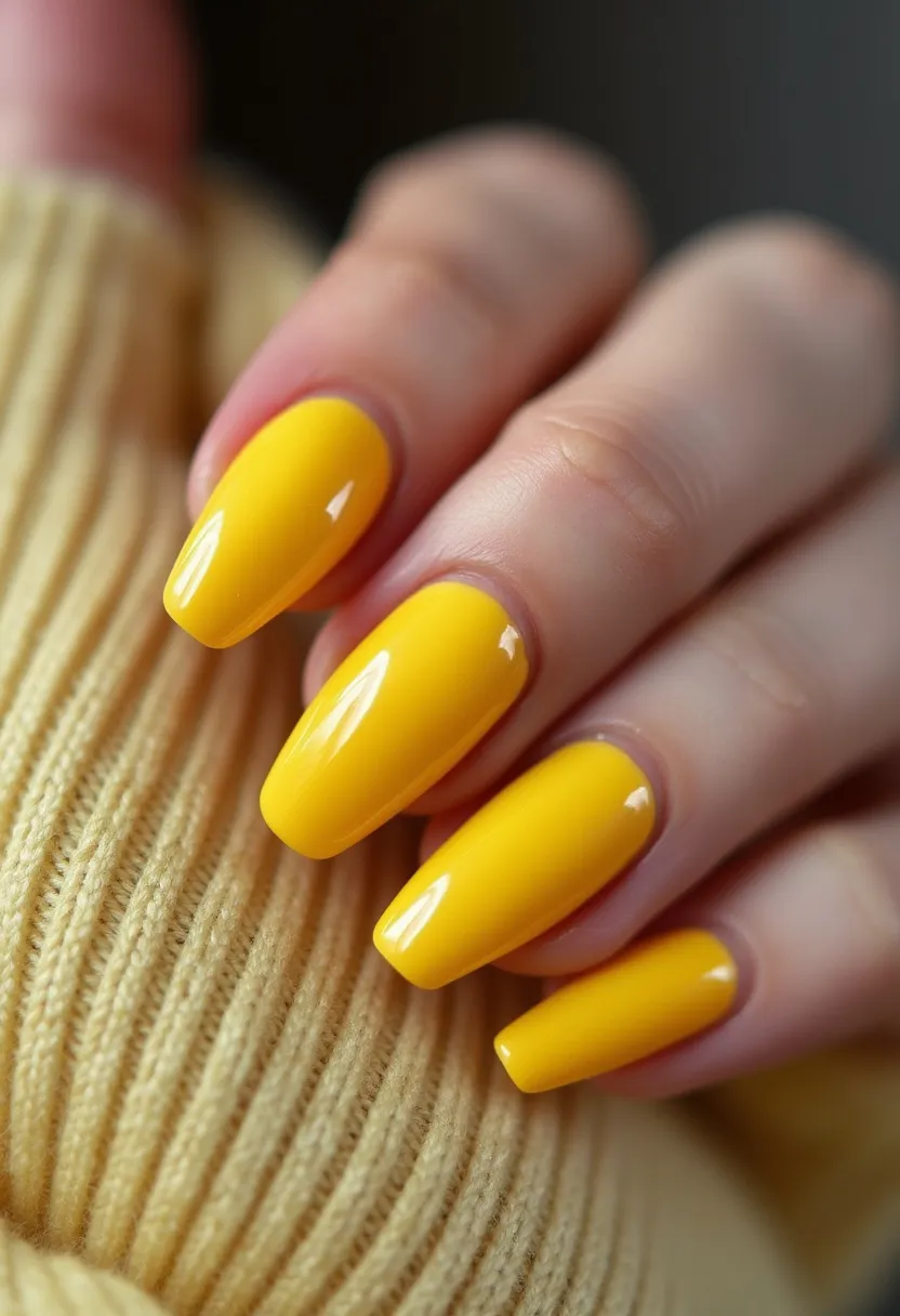 The nail design features a vibrant, glossy yellow color palette that is bold and lively. The nails are elongated and shaped into a square or squoval form, providing a modern and chic appearance. The finish appears smooth and even, suggesting a professional gel treatment that offers a sleek, durable shine. This bright yellow hue is often associated with summer or spring, making it an excellent choice for warmer seasons or to add a pop of color to a winter palette. There are no additional patterns or decorations, focusing solely on the striking color and immaculate application of the polish.