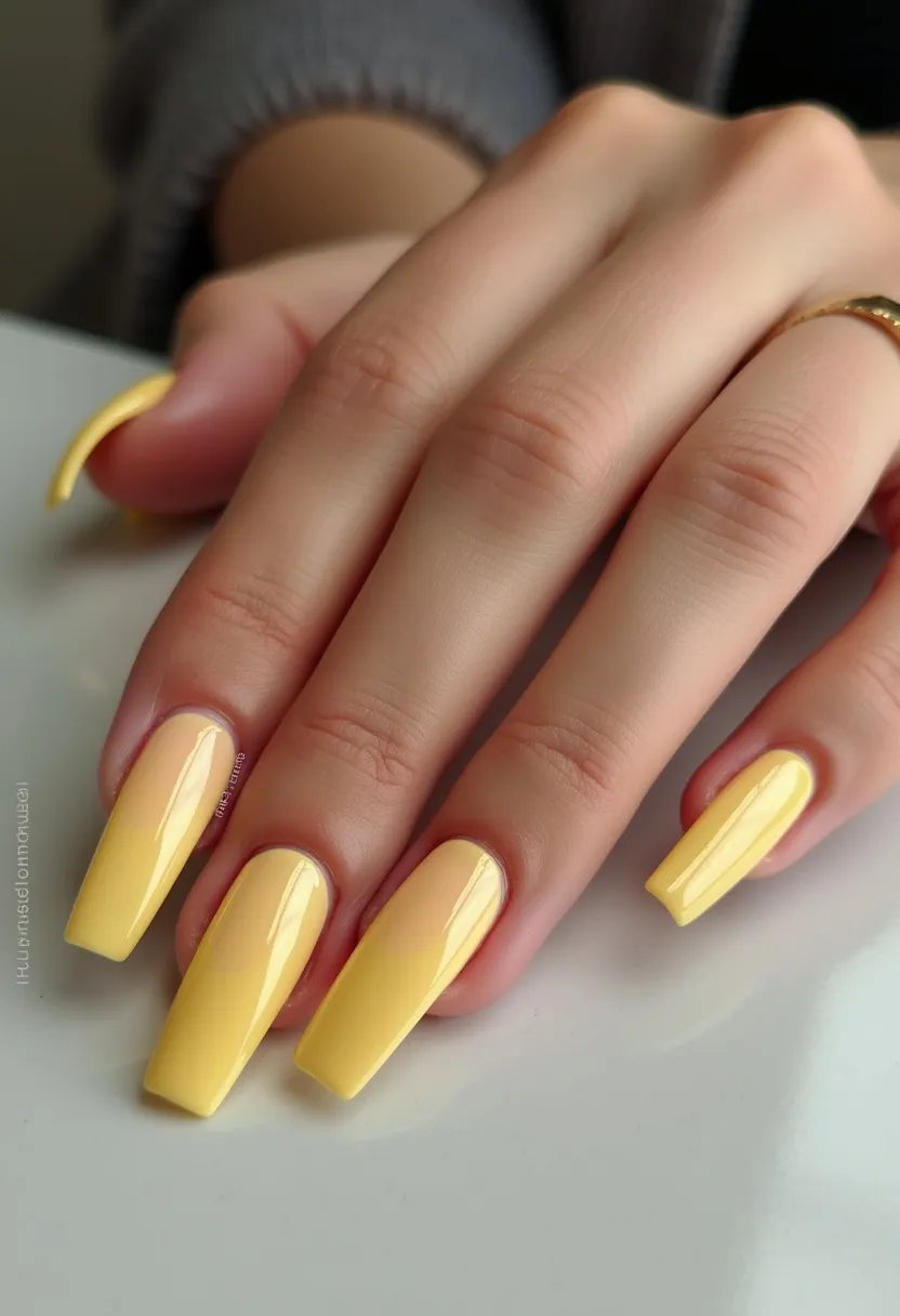 This nail design features a bright and cheerful yellow color palette, perfect for a summery or springtime look. The nails are long and squared-off at the tips, showcasing a classic coffin shape. The finish appears smooth and glossy, indicative of a gel treatment which provides a shiny and durable coating. The design is straightforward without any additional decorations or patterns, allowing the vibrant yellow hue to be the focal point. This simple yet eye-catching manicure could be ideal for those looking to add a pop of color to their ensemble, especially suited for sunny, warm-weather seasons or festive occasions.