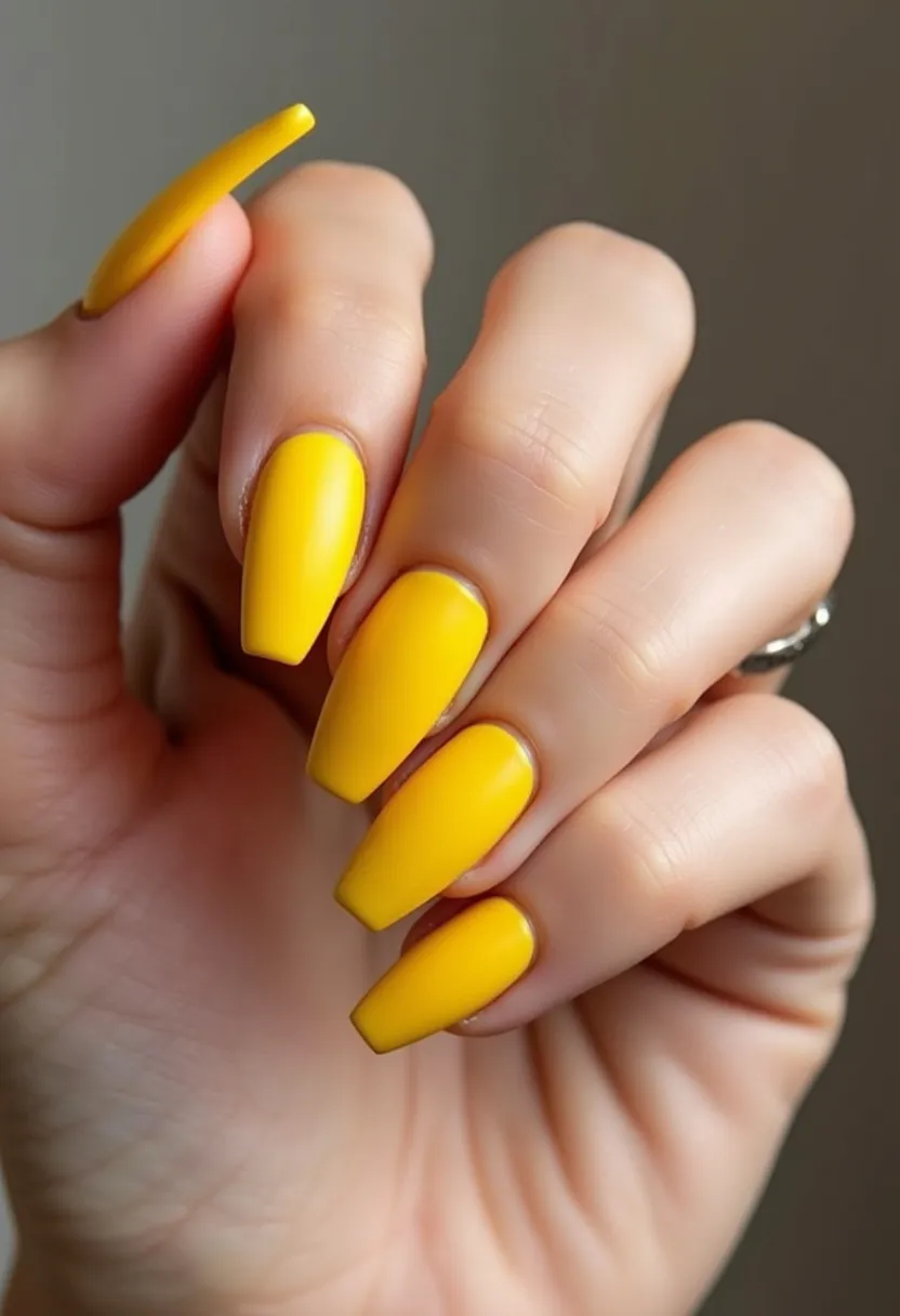 The nails are adorned with a vibrant canary yellow color, providing a bold and cheerful appearance. They are shaped in a medium-length coffin form, which adds a modern and trendy touch to the overall look. The finish appears to be smooth and glossy, suggesting a potential gel or shellac treatment that enhances durability and shine. There are no additional intricate patterns or decorations, allowing the vivid yellow hue to be the focal point. This design is versatile and can be perfect for a seasonal summer look, radiating warmth and energy, or adding a pop of color for any special occasion that calls for a lively and eye-catching manicure.